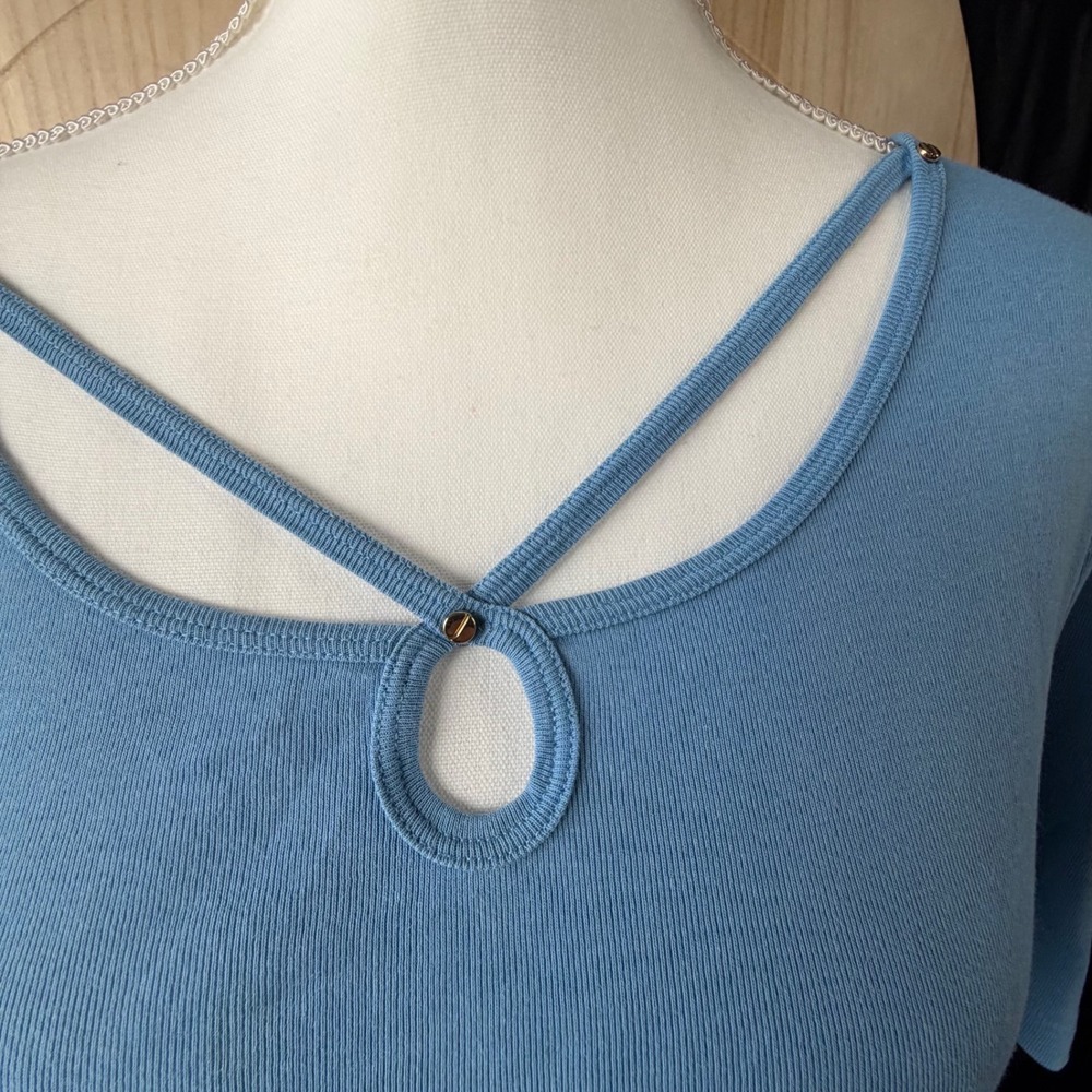 Jones New York Top Womens XL Blue Short Sleeve Lattice Keyhole Cotton Tee
